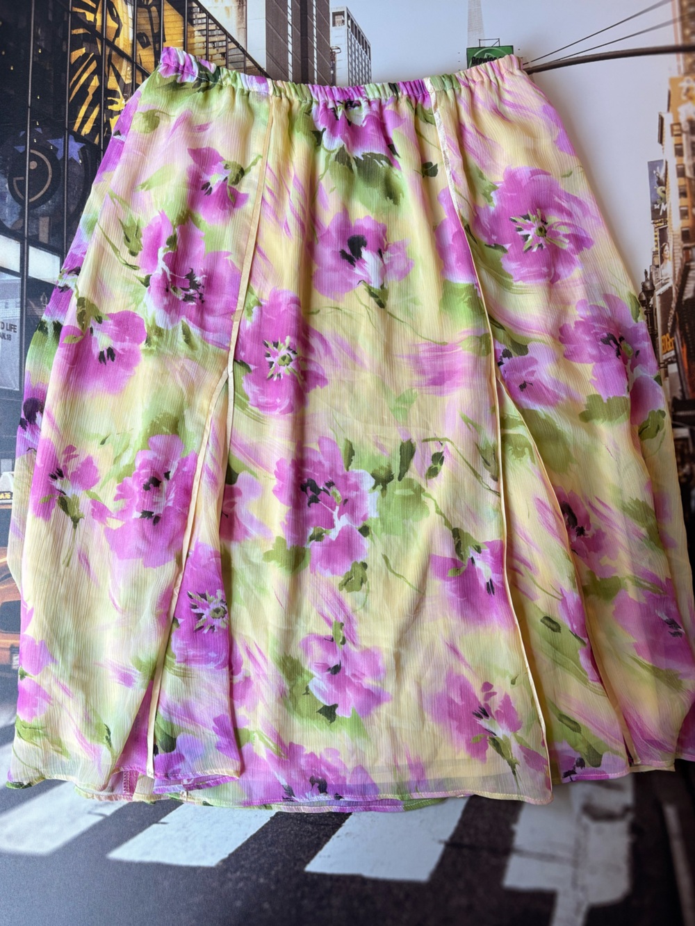 Beautiful Vintage Floral Yellow & Pink Mid Chiffon Slip Skirt
